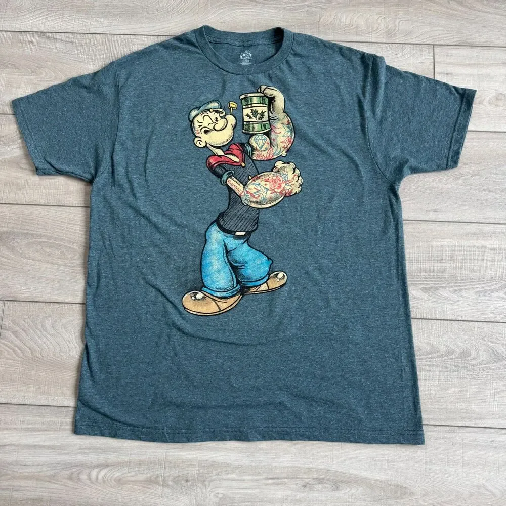 Popeye the Sailor‎ Man Graphic T shirt Mens XL Heathered Navy Blue/ Teal Gray
